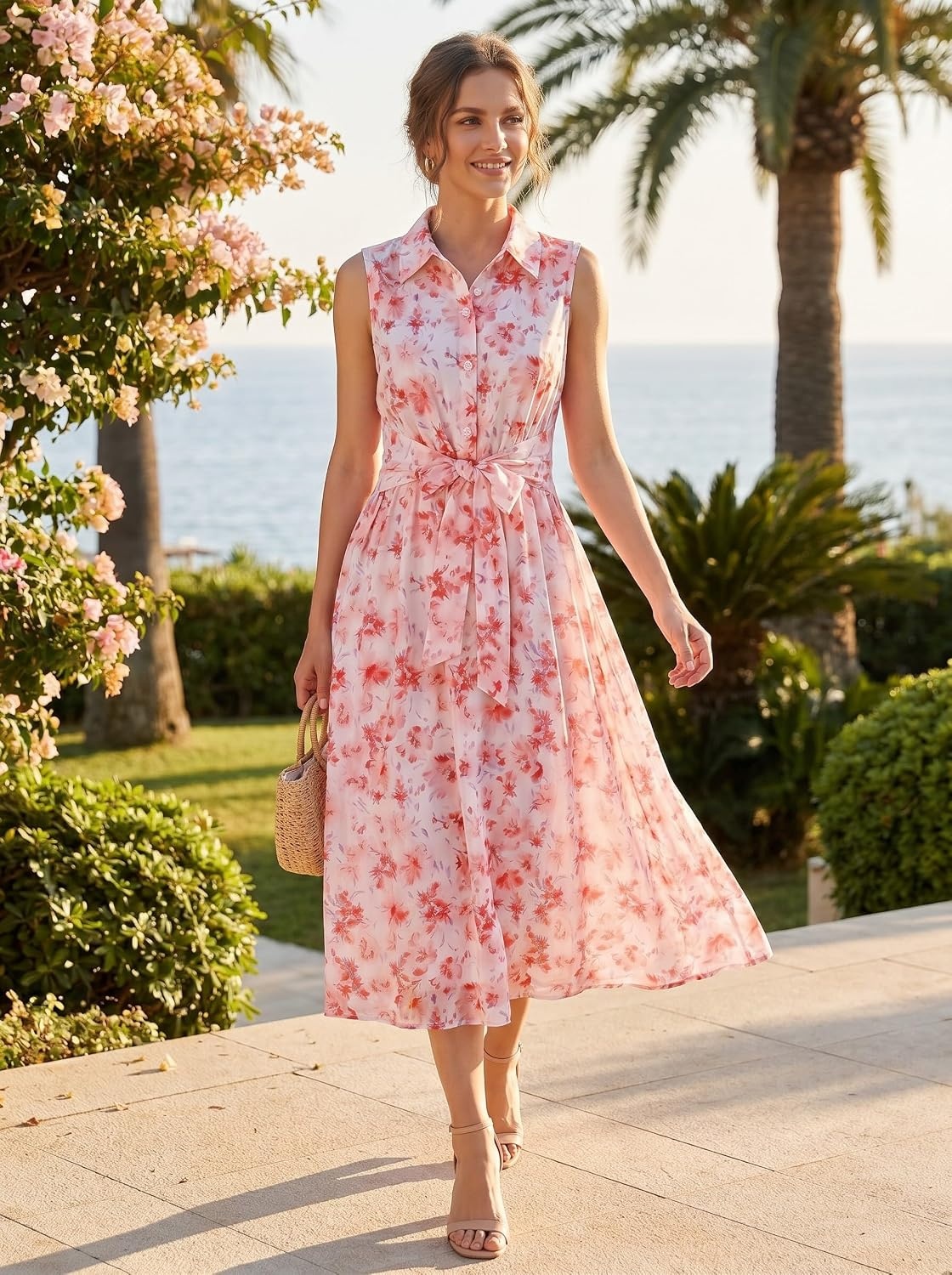 image:imageGRACE KARIN Womens 2026 Summer Sleeveless Floral Flowy Casual Dresses Boho Tie Belt A Line Shirt Midi Dress with PocketPink