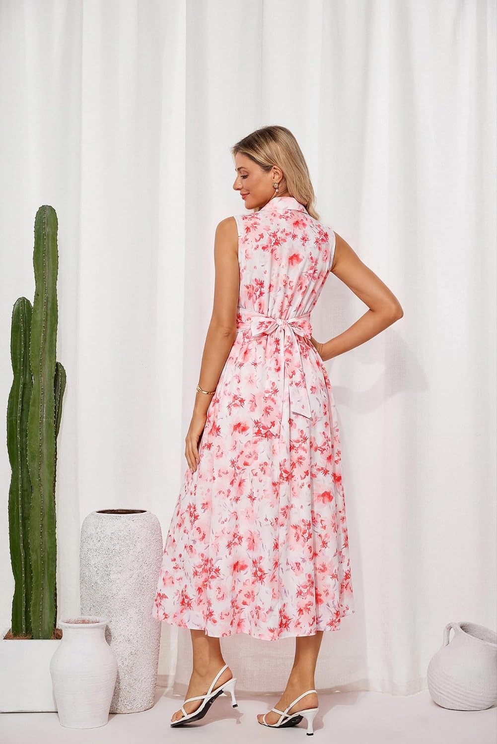 image:imageGRACE KARIN Womens 2026 Summer Sleeveless Floral Flowy Casual Dresses Boho Tie Belt A Line Shirt Midi Dress with PocketPink