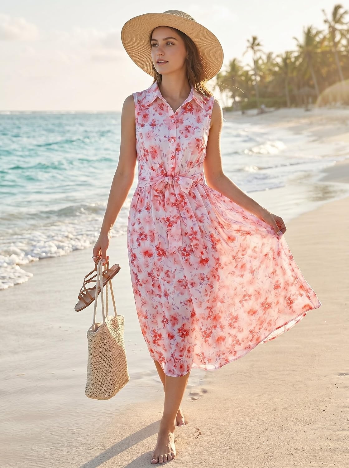 image:imageGRACE KARIN Womens 2026 Summer Sleeveless Floral Flowy Casual Dresses Boho Tie Belt A Line Shirt Midi Dress with PocketPink