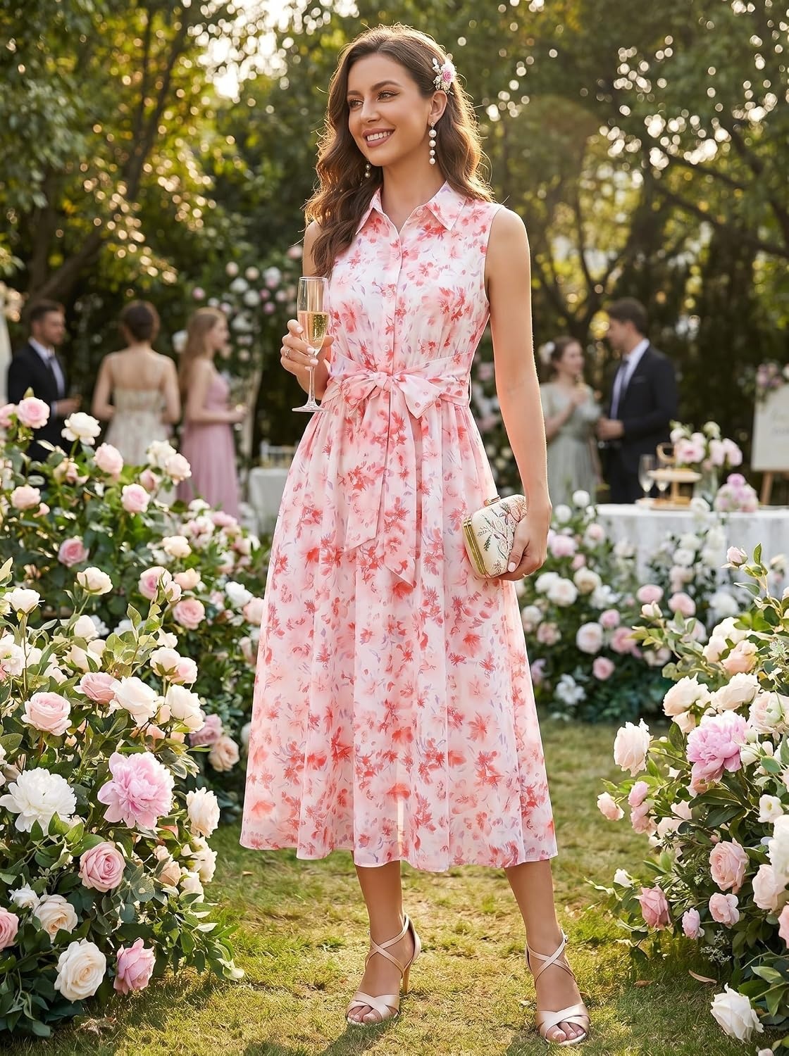 image:imageGRACE KARIN Womens 2026 Summer Sleeveless Floral Flowy Casual Dresses Boho Tie Belt A Line Shirt Midi Dress with PocketPink