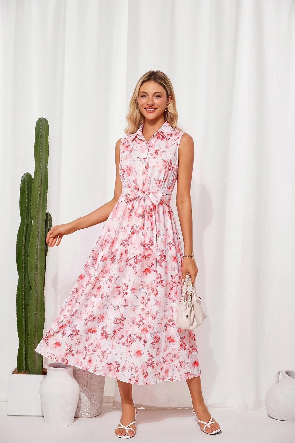 image:imageGRACE KARIN Womens 2026 Summer Sleeveless Floral Flowy Casual Dresses Boho Tie Belt A Line Shirt Midi Dress with PocketPink