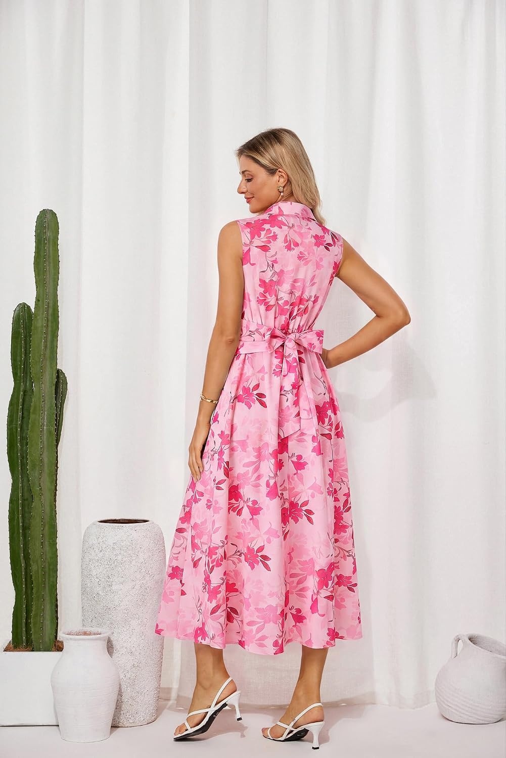 image:imageGRACE KARIN Womens 2026 Summer Sleeveless Floral Flowy Casual Dresses Boho Tie Belt A Line Shirt Midi Dress with PocketPink Flower