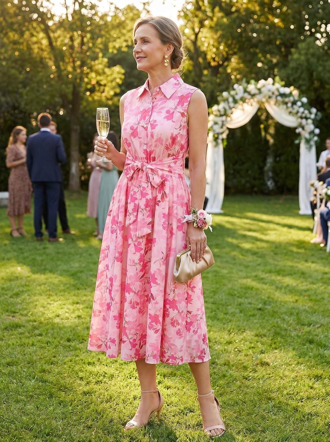 image:imageGRACE KARIN Womens 2026 Summer Sleeveless Floral Flowy Casual Dresses Boho Tie Belt A Line Shirt Midi Dress with PocketPink Flower