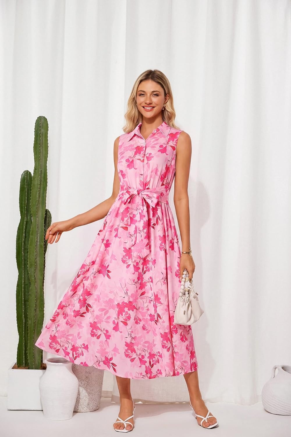 image:imageGRACE KARIN Womens 2026 Summer Sleeveless Floral Flowy Casual Dresses Boho Tie Belt A Line Shirt Midi Dress with PocketPink Flower