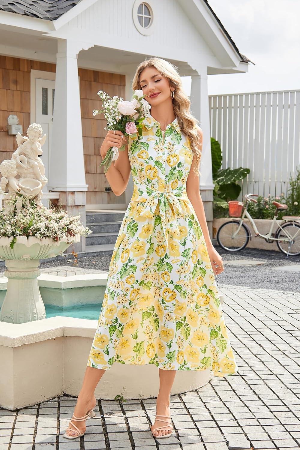 image:imageGRACE KARIN Womens 2026 Summer Sleeveless Floral Flowy Casual Dresses Boho Tie Belt A Line Shirt Midi Dress with PocketYellow