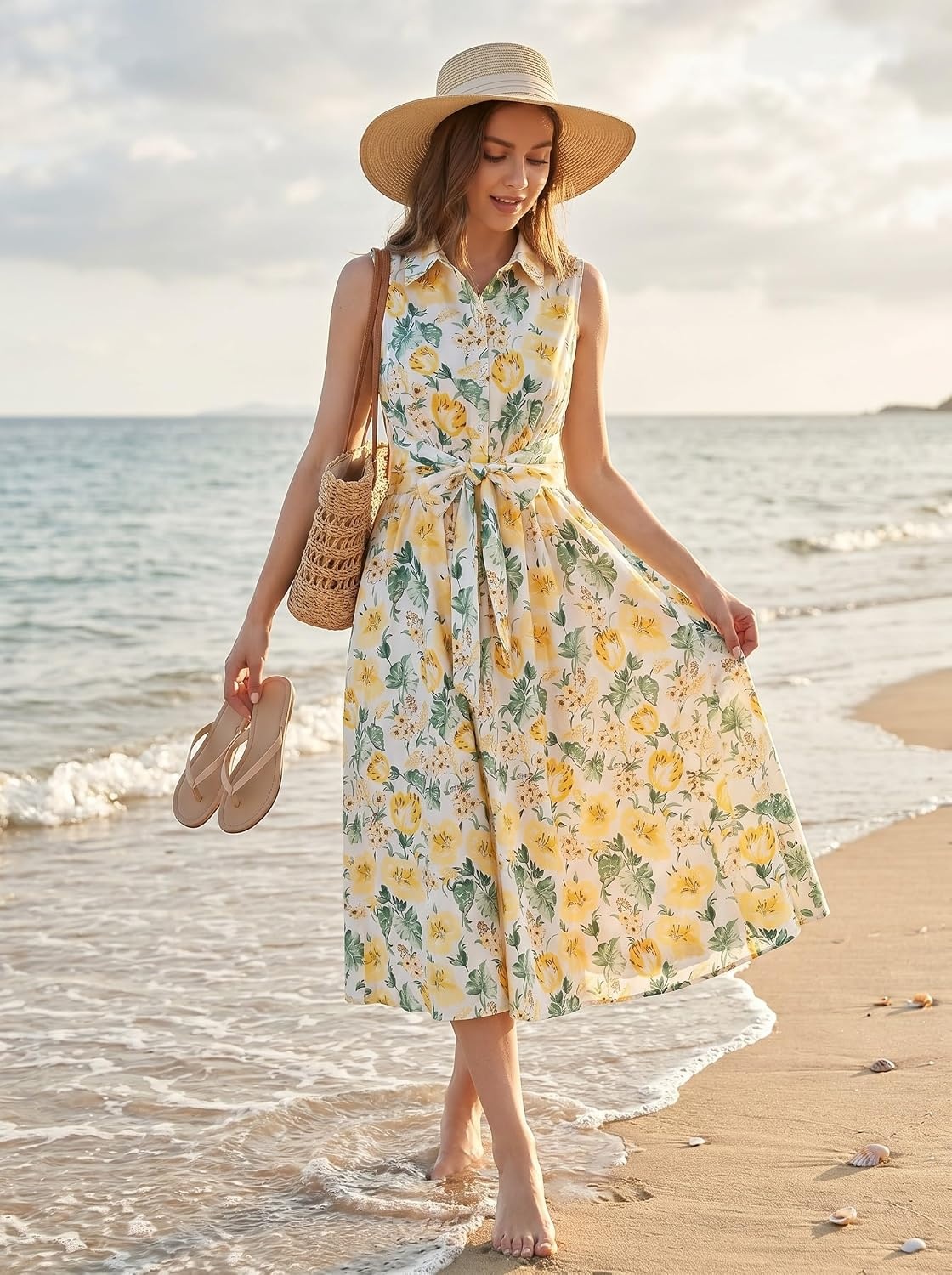 image:imageGRACE KARIN Womens 2026 Summer Sleeveless Floral Flowy Casual Dresses Boho Tie Belt A Line Shirt Midi Dress with PocketYellow