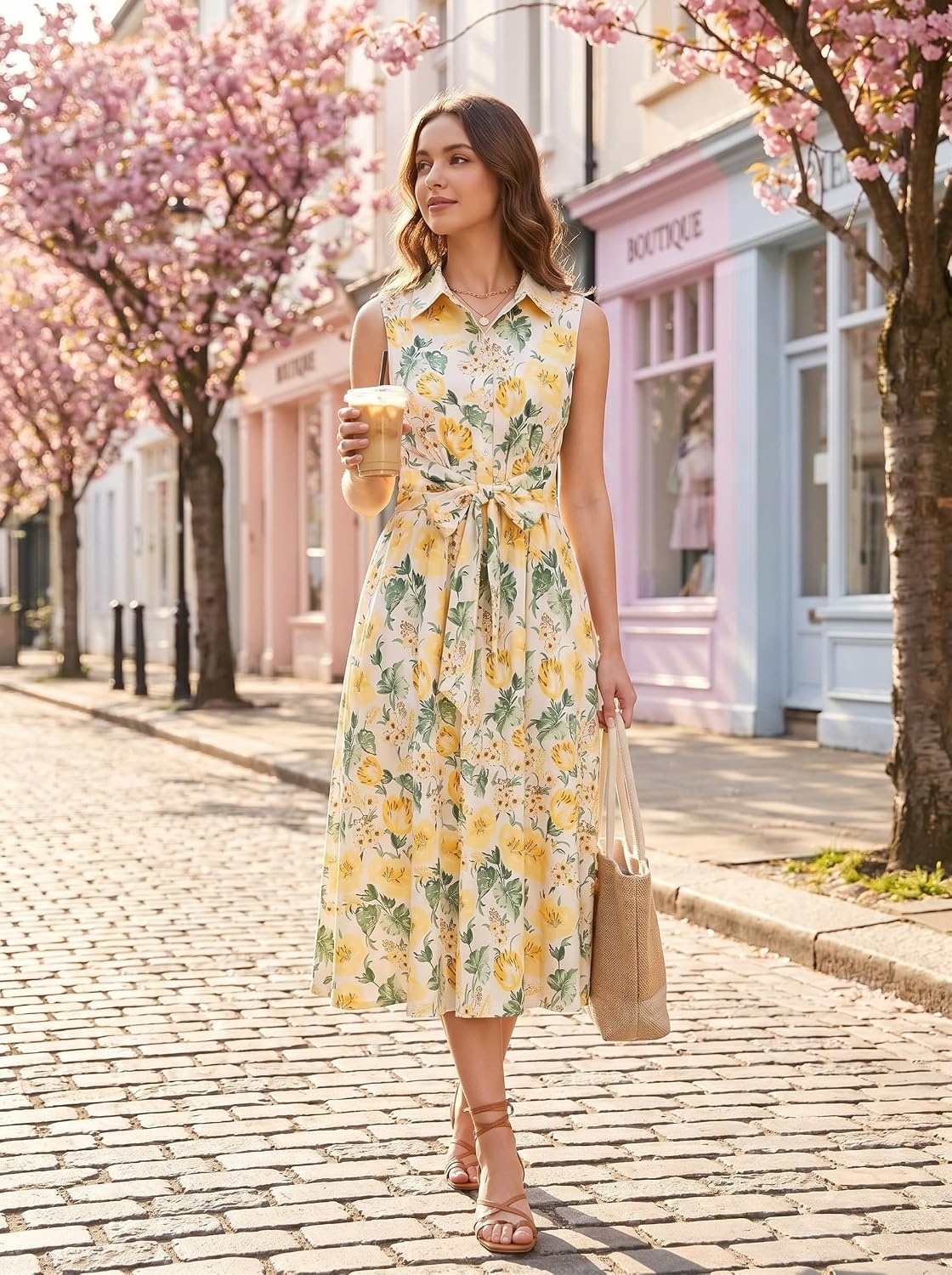 image:imageGRACE KARIN Womens 2026 Summer Sleeveless Floral Flowy Casual Dresses Boho Tie Belt A Line Shirt Midi Dress with PocketYellow