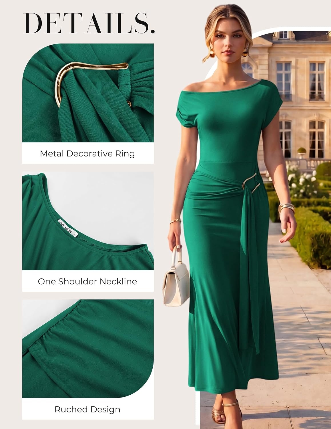 image:imageGRACE KARIN Womens 2026 Summer Wedding Guest Dresses Formal Cocktail One Shoulder Bodycon Dresses Elegant Ruched Maxi DressGreen