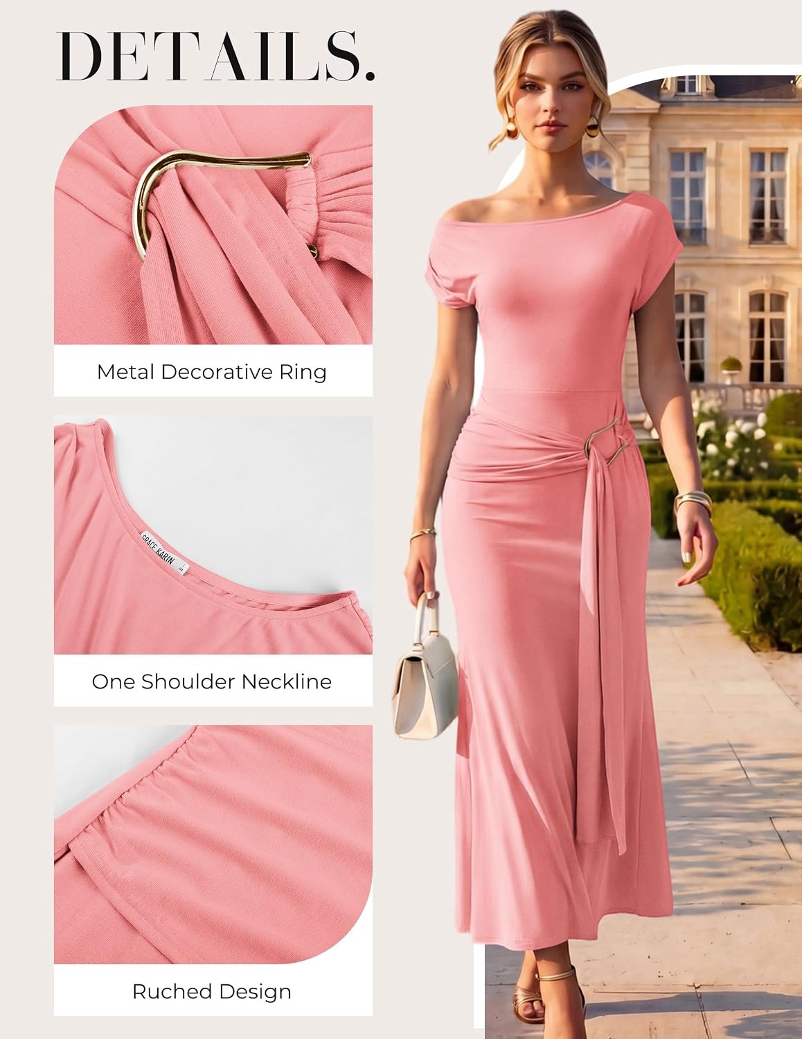 image:imageGRACE KARIN Womens 2026 Summer Wedding Guest Dresses Formal Cocktail One Shoulder Bodycon Dresses Elegant Ruched Maxi DressPink