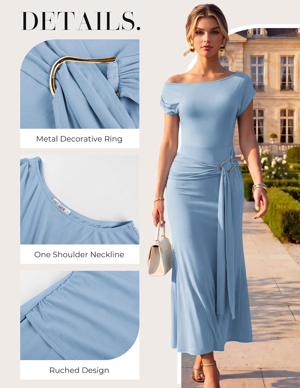 image:imageGRACE KARIN Womens 2026 Summer Wedding Guest Dresses Formal Cocktail One Shoulder Bodycon Dresses Elegant Ruched Maxi DressSky Blue