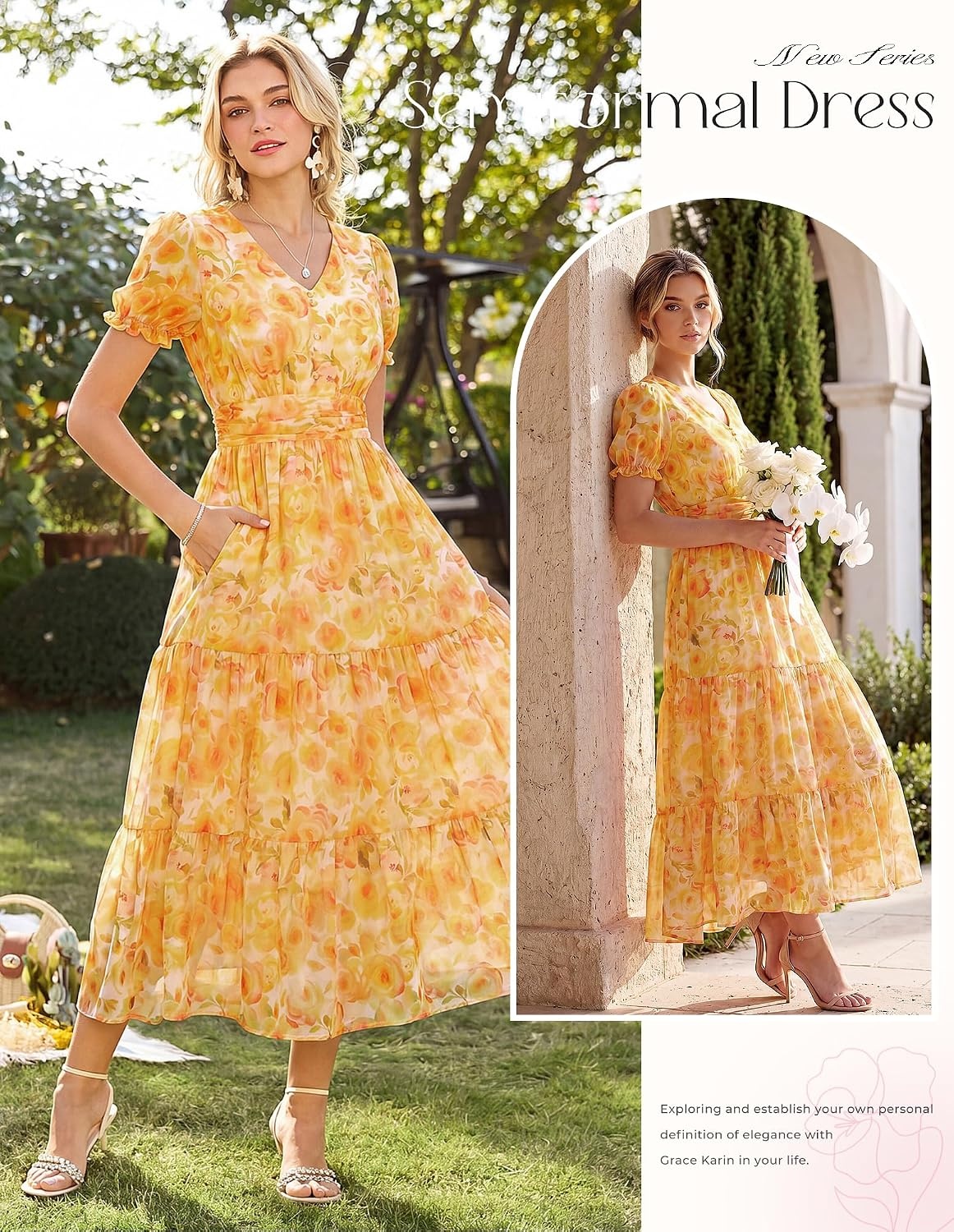 image:imageGRACE KARIN Womens 2026 Summer Wedding Guest Maxi Dresses Floral V Neck Short Sleeve Elegant Flowy Formal Dress with PocketsFloral Yellow