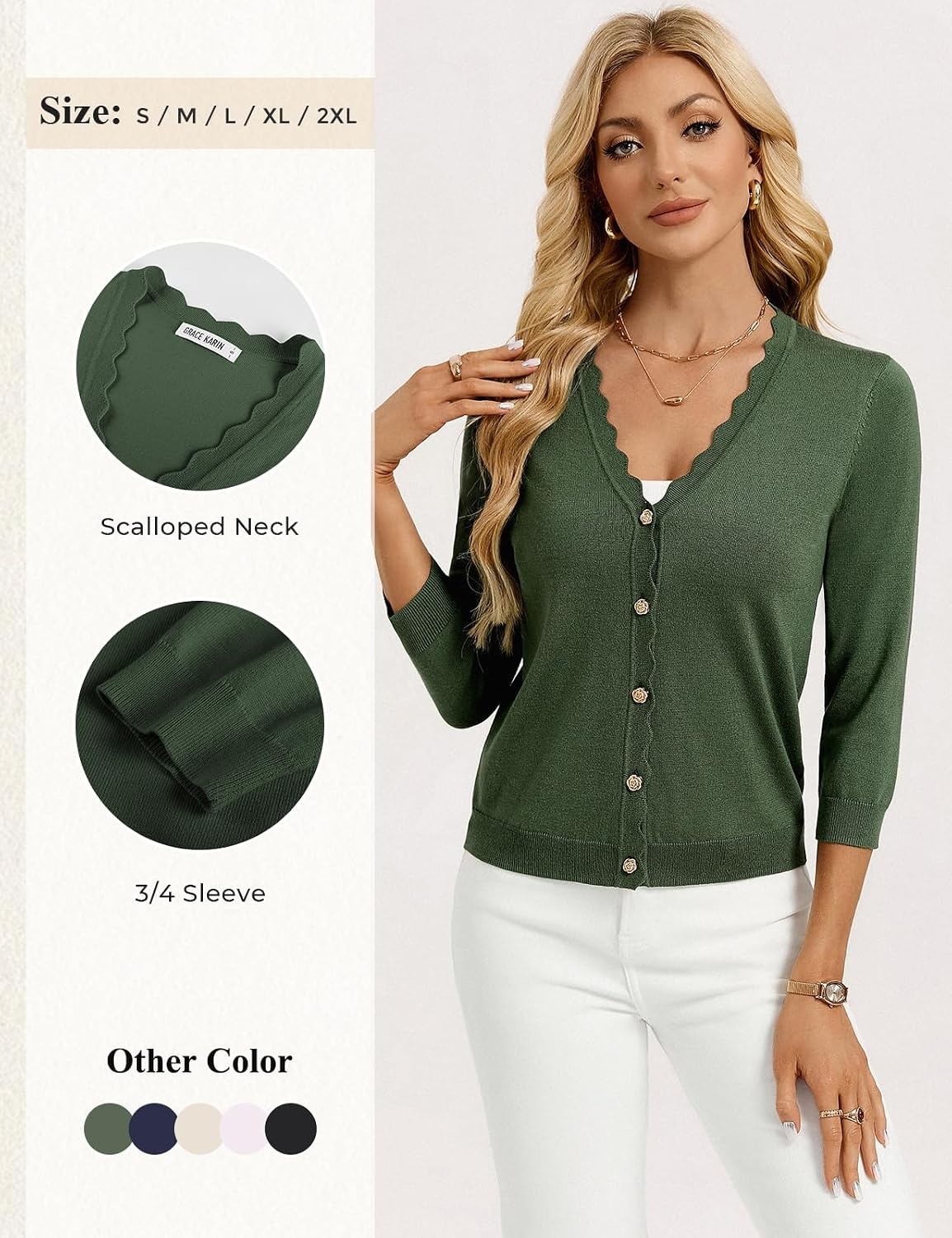 image:imageGRACE KARIN Womens 34 sleeve V neck Button Down Lightweight Cardigan Sweater Open Front Dressy Shrugs Summer OutfitsArmy Green