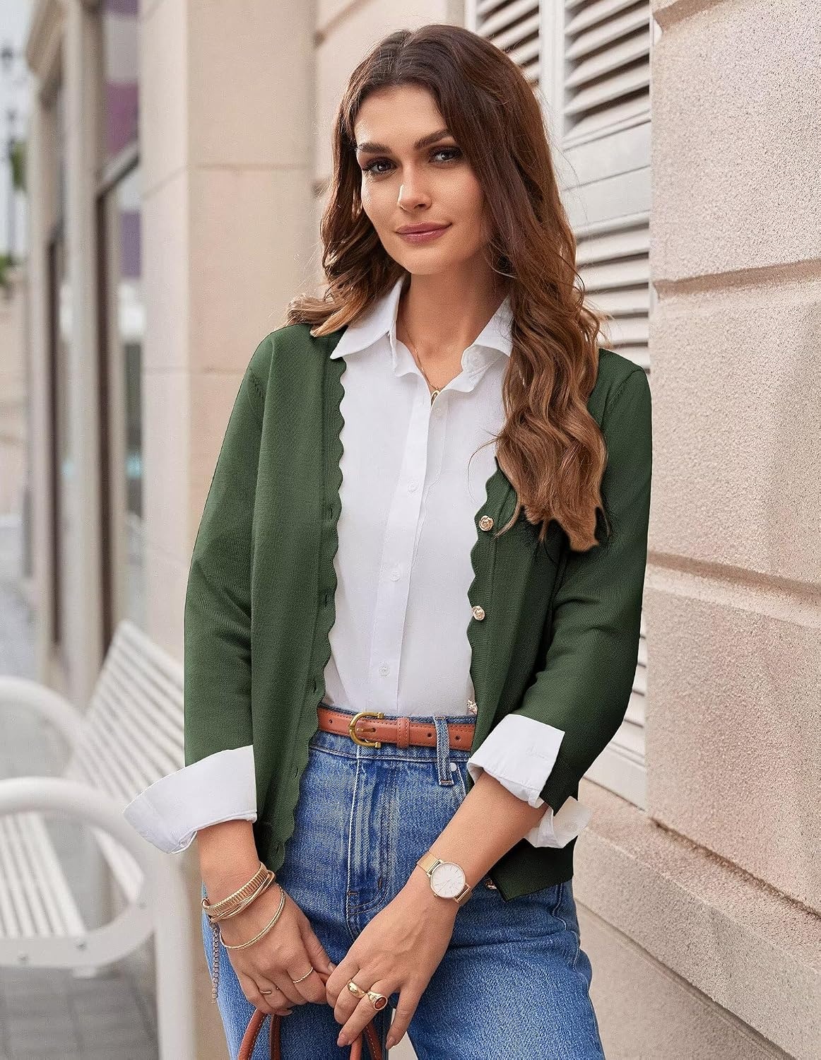 image:imageGRACE KARIN Womens 34 sleeve V neck Button Down Lightweight Cardigan Sweater Open Front Dressy Shrugs Summer OutfitsArmy Green