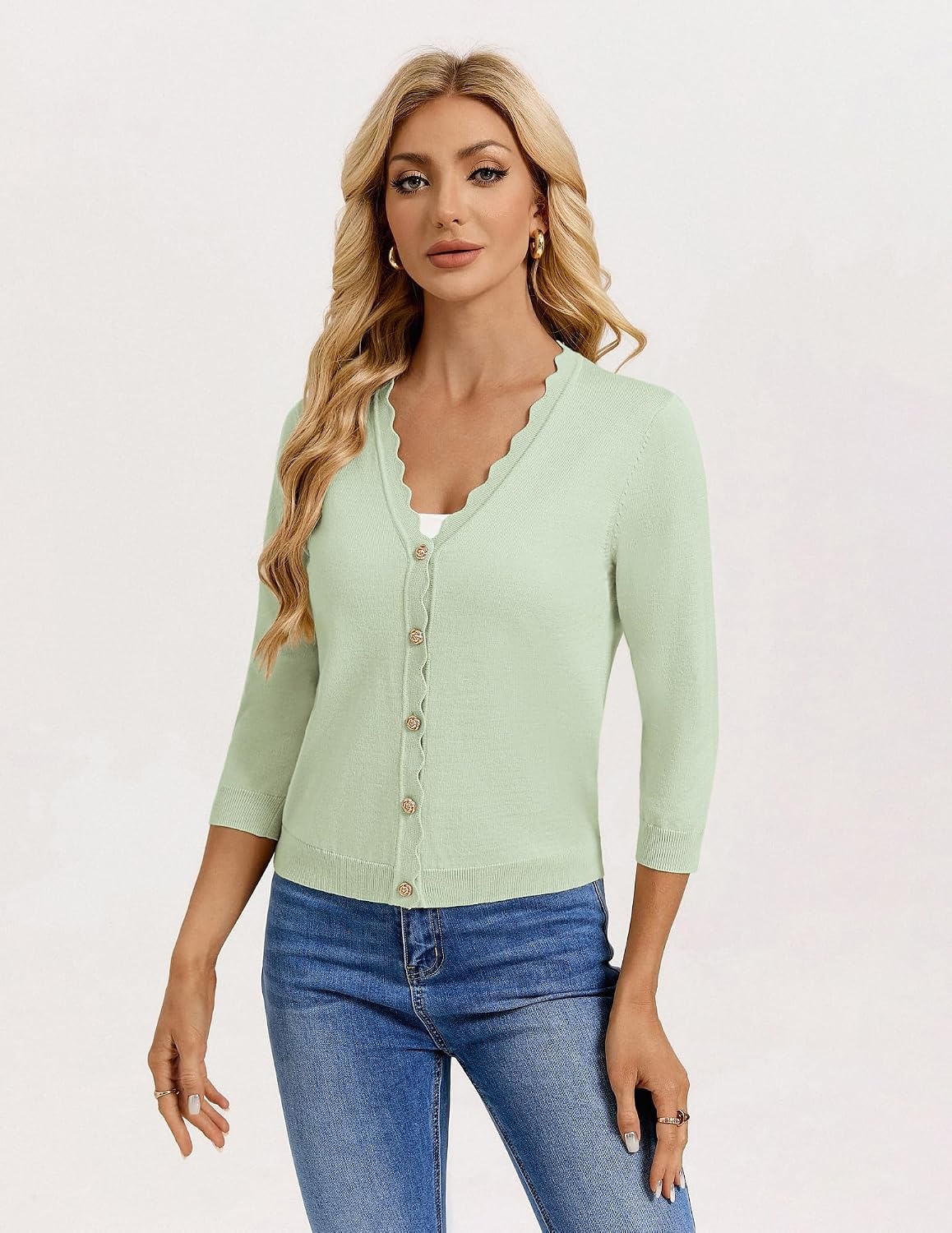 image:imageGRACE KARIN Womens 34 sleeve V neck Button Down Lightweight Cardigan Sweater Open Front Dressy Shrugs Summer OutfitsBean Green