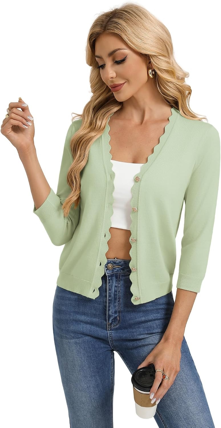image:imageGRACE KARIN Womens 34 sleeve V neck Button Down Lightweight Cardigan Sweater Open Front Dressy Shrugs Summer OutfitsBean Green