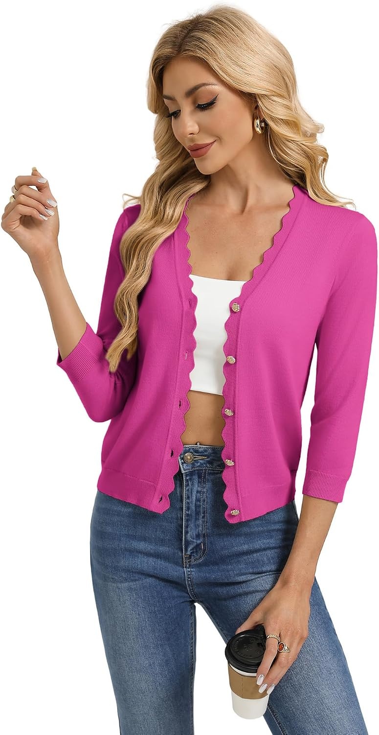 image:imageGRACE KARIN Womens 34 sleeve V neck Button Down Lightweight Cardigan Sweater Open Front Dressy Shrugs Summer OutfitsHot Pink
