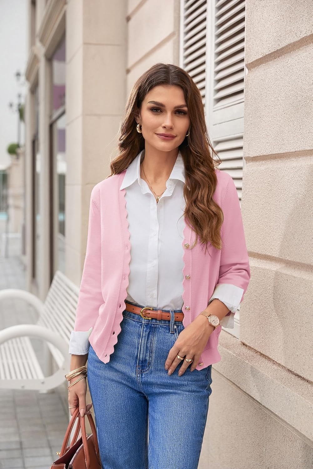 image:imageGRACE KARIN Womens 34 sleeve V neck Button Down Lightweight Cardigan Sweater Open Front Dressy Shrugs Summer OutfitsLight Pink