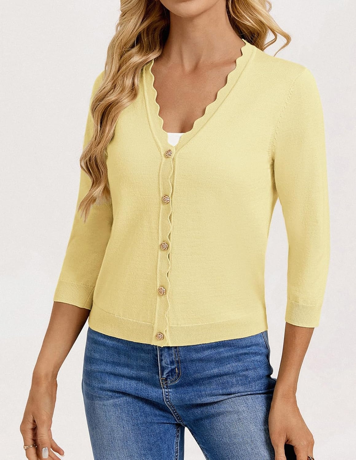 image:imageGRACE KARIN Womens 34 sleeve V neck Button Down Lightweight Cardigan Sweater Open Front Dressy Shrugs Summer OutfitsLight Yellow