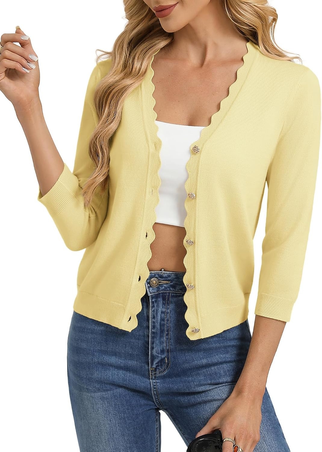 image:imageGRACE KARIN Womens 34 sleeve V neck Button Down Lightweight Cardigan Sweater Open Front Dressy Shrugs Summer OutfitsLight Yellow