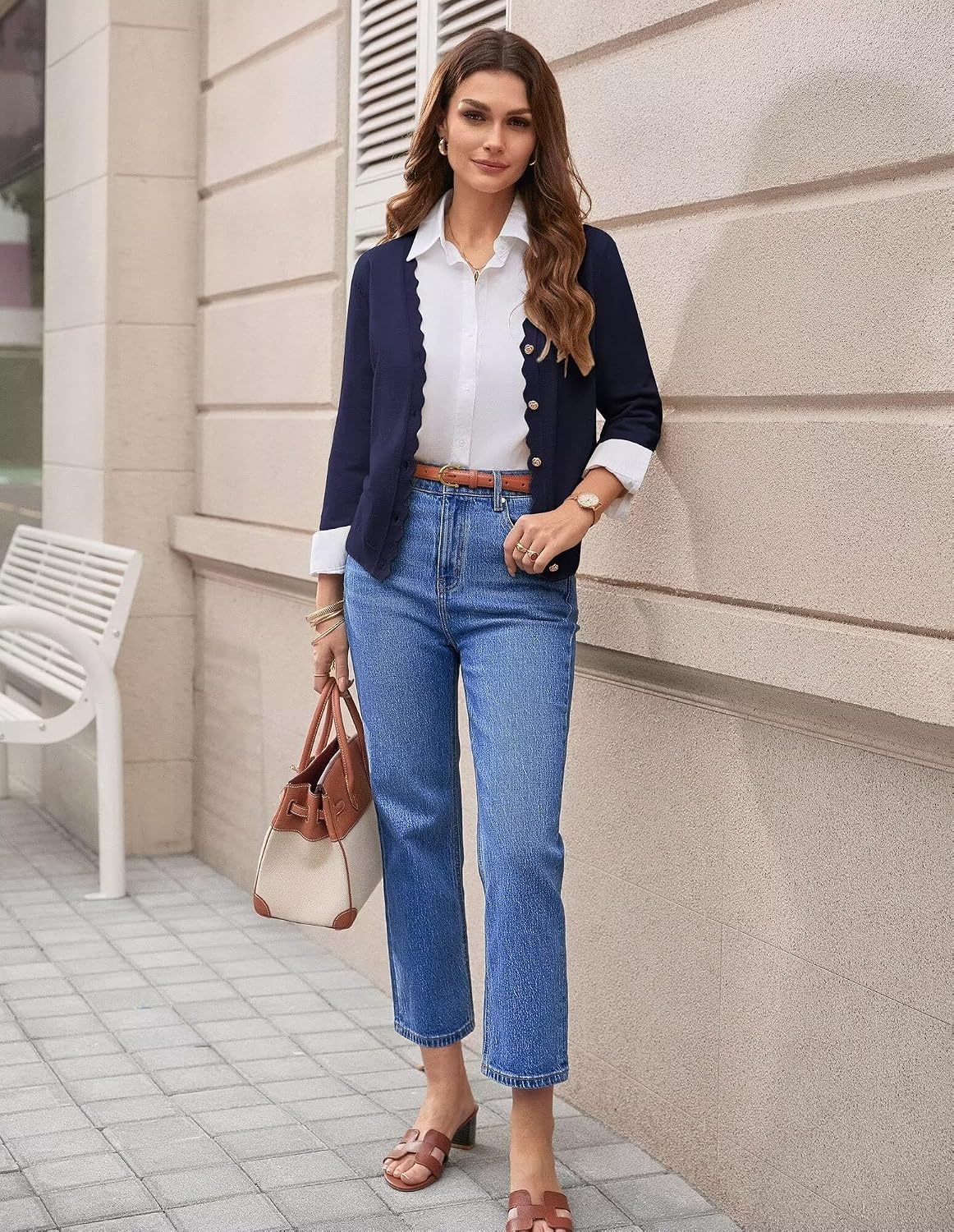image:imageGRACE KARIN Womens 34 sleeve V neck Button Down Lightweight Cardigan Sweater Open Front Dressy Shrugs Summer OutfitsNavy Blue