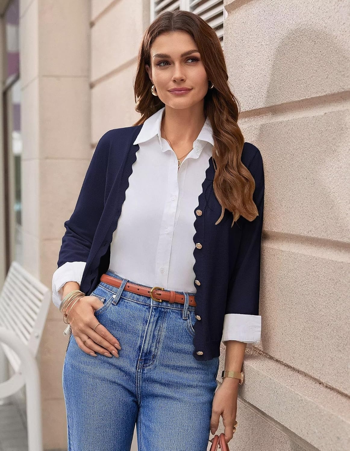 image:imageGRACE KARIN Womens 34 sleeve V neck Button Down Lightweight Cardigan Sweater Open Front Dressy Shrugs Summer OutfitsNavy Blue