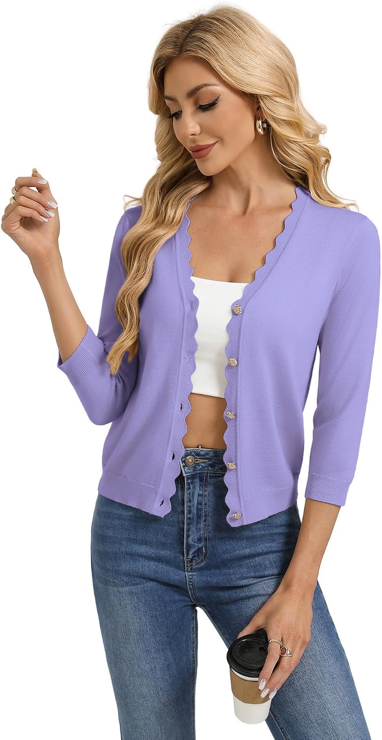image:imageGRACE KARIN Womens 34 sleeve V neck Button Down Lightweight Cardigan Sweater Open Front Dressy Shrugs Summer OutfitsPurple
