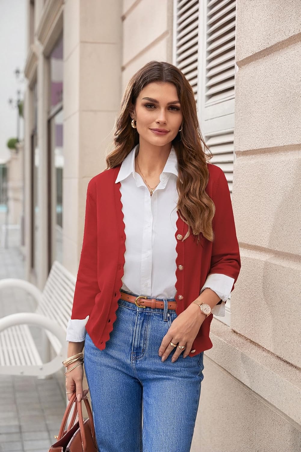 image:imageGRACE KARIN Womens 34 sleeve V neck Button Down Lightweight Cardigan Sweater Open Front Dressy Shrugs Summer OutfitsRed