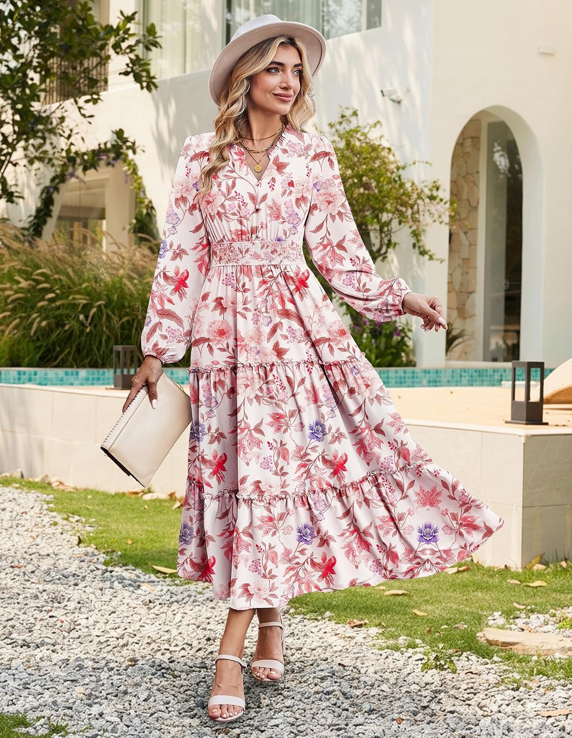 image:imageGRACE KARIN Womens Floral Maxi Dress 2026 Fall Long Sleeve V Neck Empire Waist A Line Flowy Dress with PocketApricot