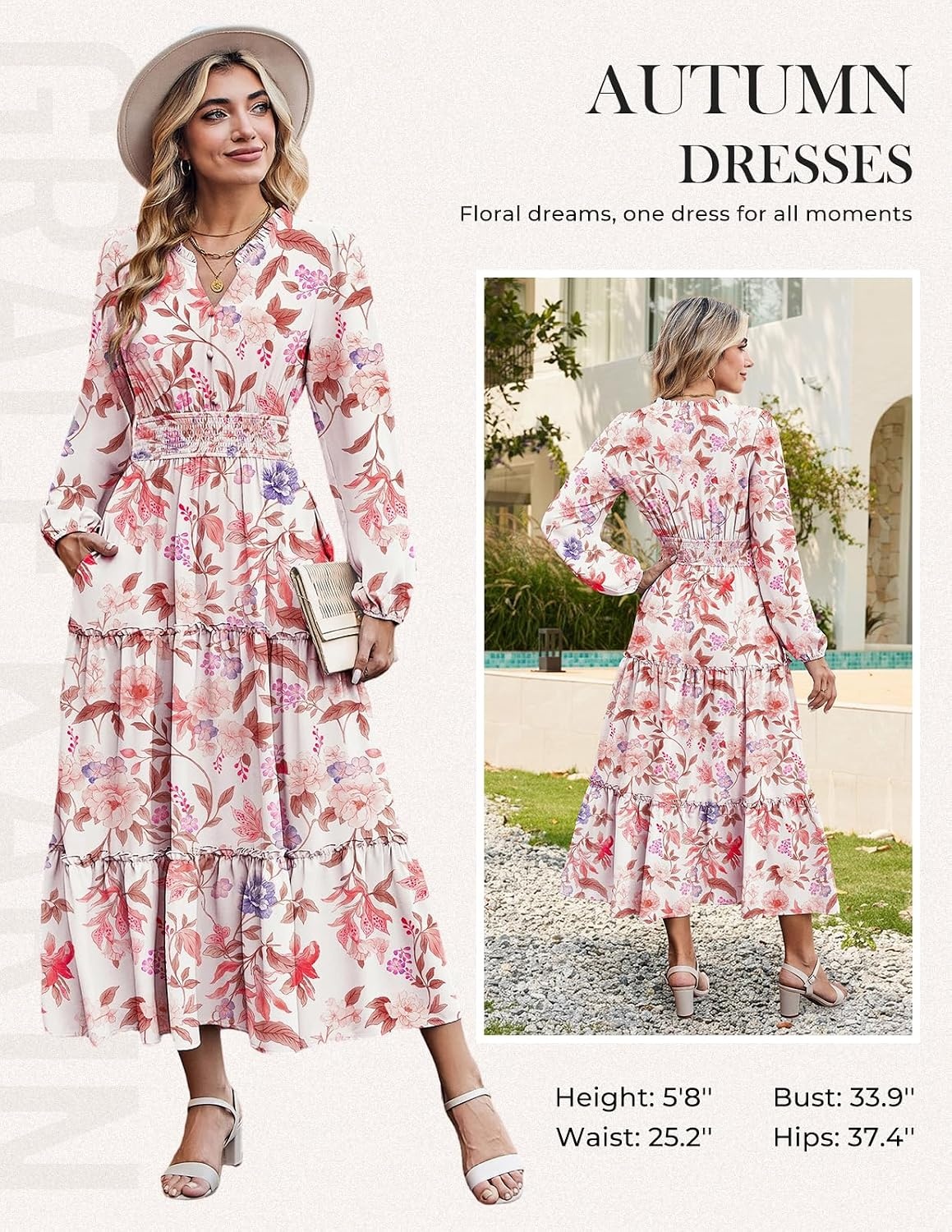 image:imageGRACE KARIN Womens Floral Maxi Dress 2026 Fall Long Sleeve V Neck Empire Waist A Line Flowy Dress with PocketApricot