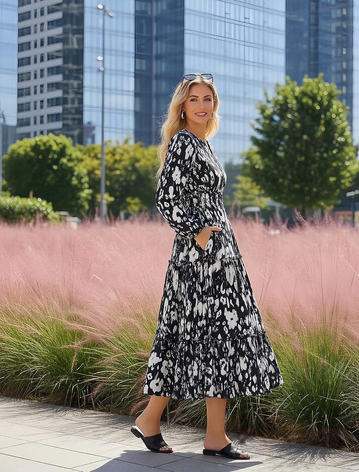 image:imageGRACE KARIN Womens Floral Maxi Dress 2026 Fall Long Sleeve V Neck Empire Waist A Line Flowy Dress with PocketBlack