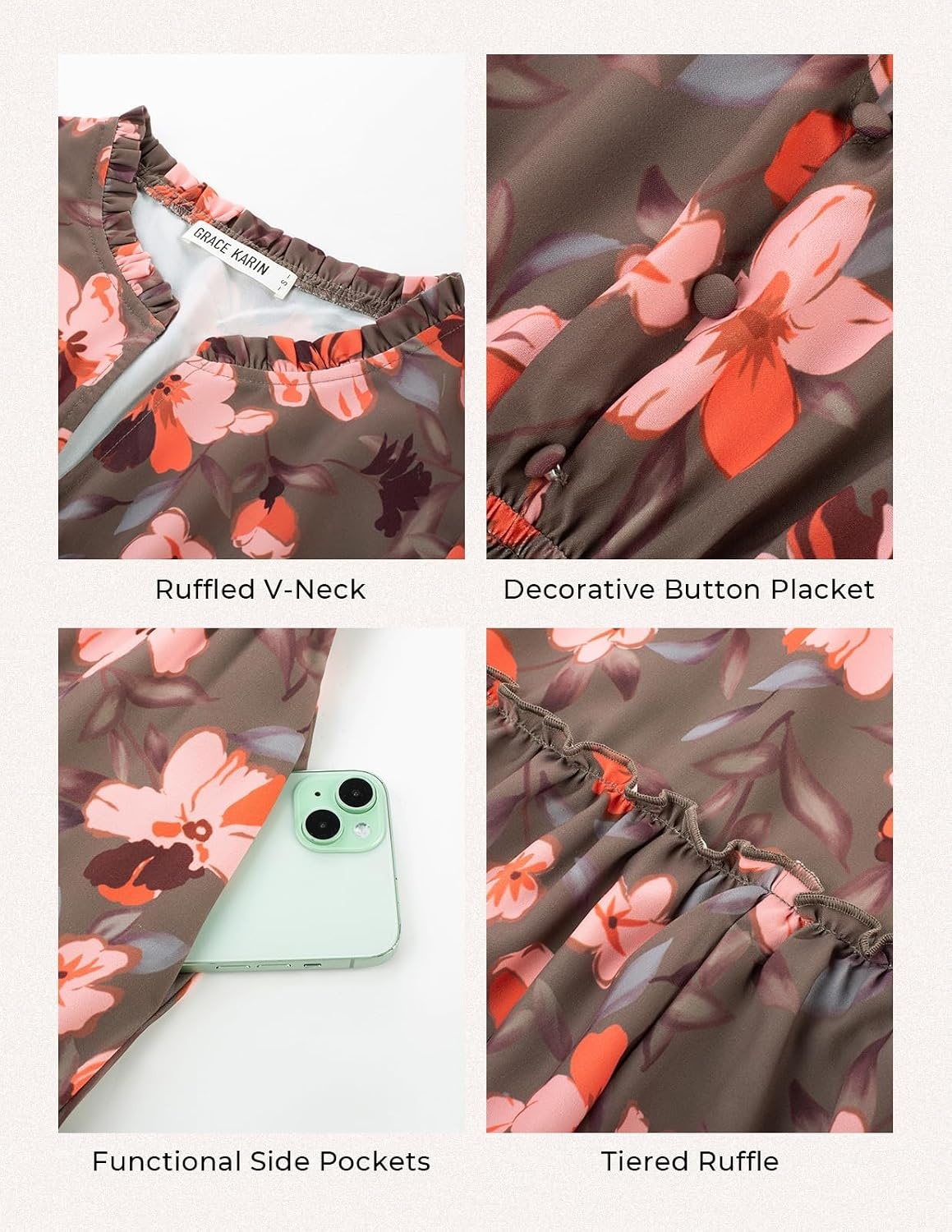 image:imageGRACE KARIN Womens Floral Maxi Dress 2026 Fall Long Sleeve V Neck Empire Waist A Line Flowy Dress with PocketGreen Orange
