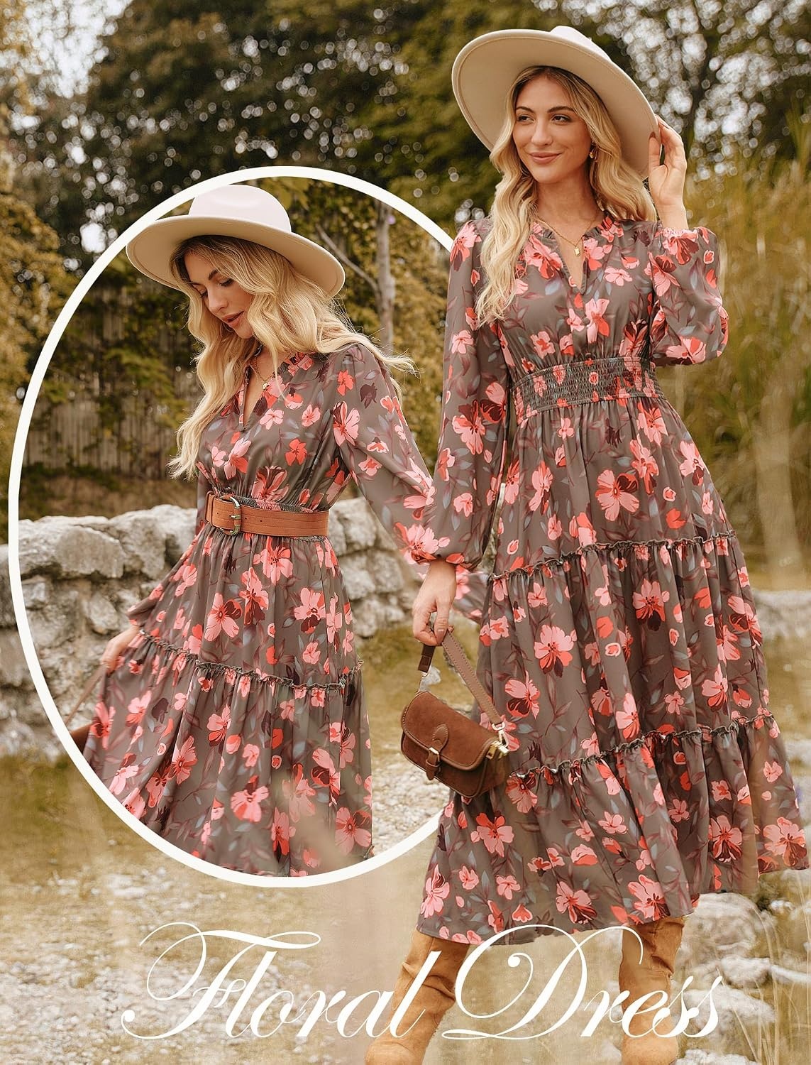 image:imageGRACE KARIN Womens Floral Maxi Dress 2026 Fall Long Sleeve V Neck Empire Waist A Line Flowy Dress with PocketGreen Orange