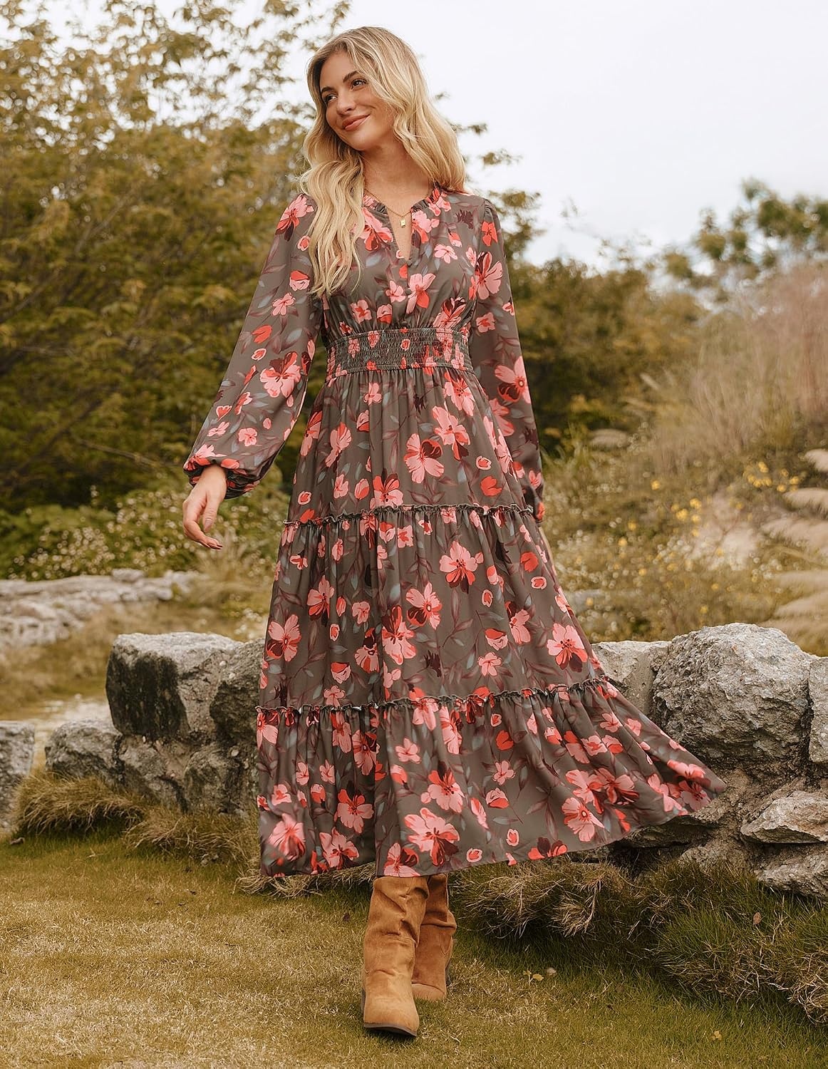 image:imageGRACE KARIN Womens Floral Maxi Dress 2026 Fall Long Sleeve V Neck Empire Waist A Line Flowy Dress with PocketGreen Orange
