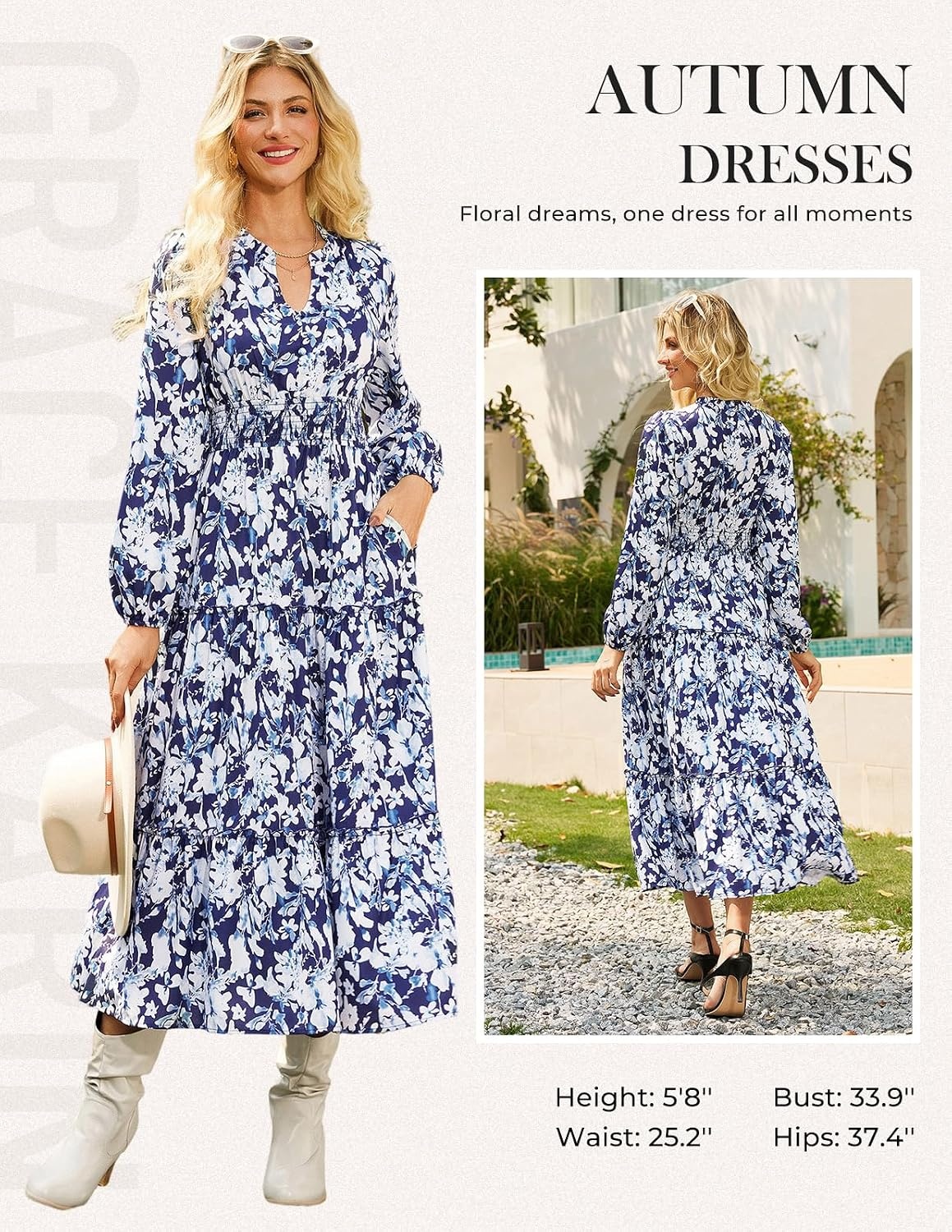 image:imageGRACE KARIN Womens Floral Maxi Dress 2026 Fall Long Sleeve V Neck Empire Waist A Line Flowy Dress with PocketNavy