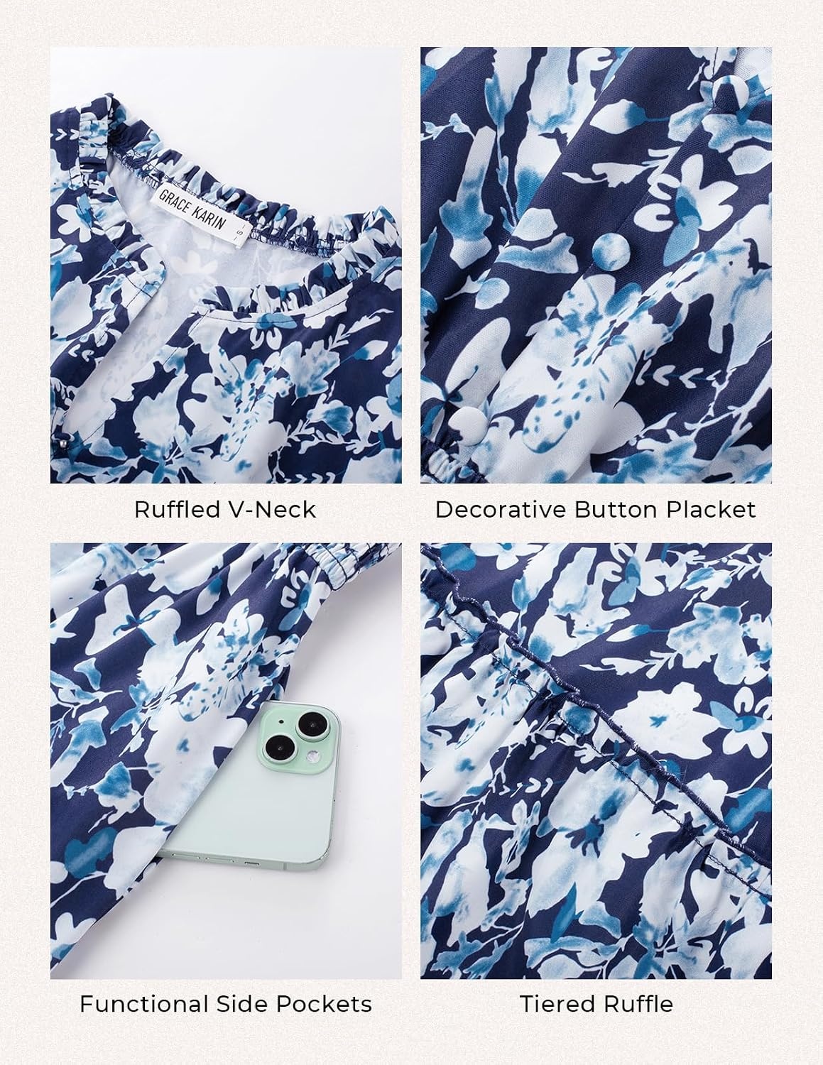 image:imageGRACE KARIN Womens Floral Maxi Dress 2026 Fall Long Sleeve V Neck Empire Waist A Line Flowy Dress with PocketNavy