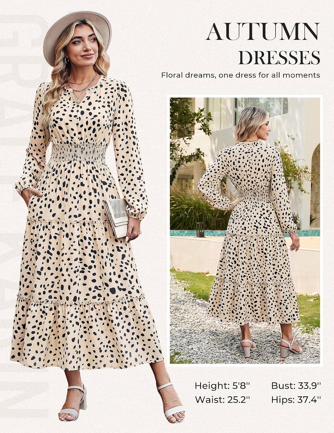 image:imageGRACE KARIN Womens Floral Maxi Dress 2026 Fall Long Sleeve V Neck Empire Waist A Line Flowy Dress with PocketOffwhite Polka Dots