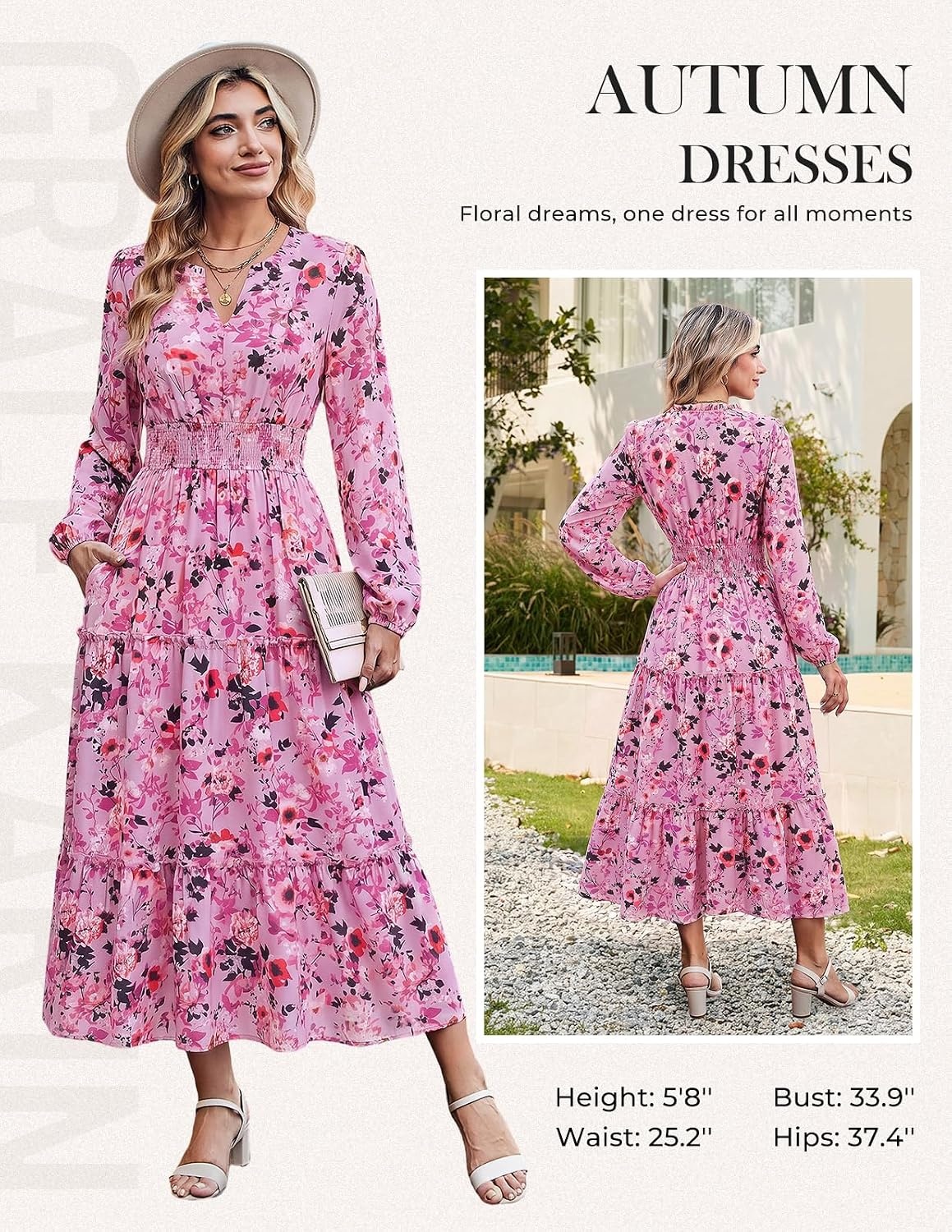 image:imageGRACE KARIN Womens Floral Maxi Dress 2026 Fall Long Sleeve V Neck Empire Waist A Line Flowy Dress with PocketPurple Floral