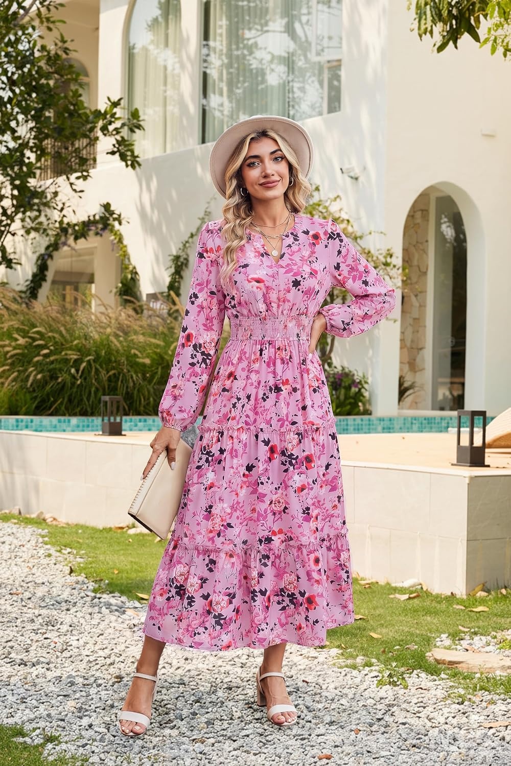 image:imageGRACE KARIN Womens Floral Maxi Dress 2026 Fall Long Sleeve V Neck Empire Waist A Line Flowy Dress with PocketPurple Floral