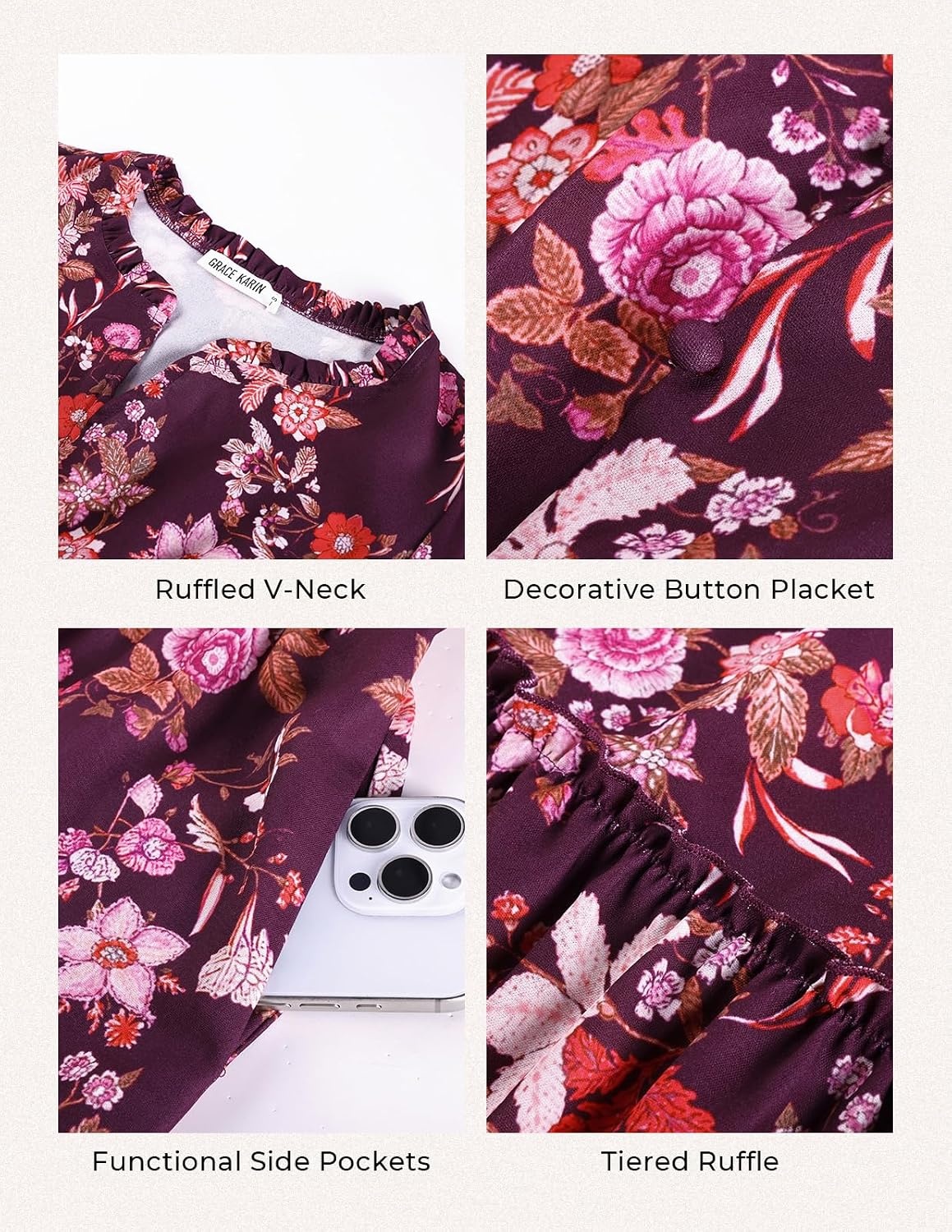image:imageGRACE KARIN Womens Floral Maxi Dress 2026 Fall Long Sleeve V Neck Empire Waist A Line Flowy Dress with PocketPurple Red Floral