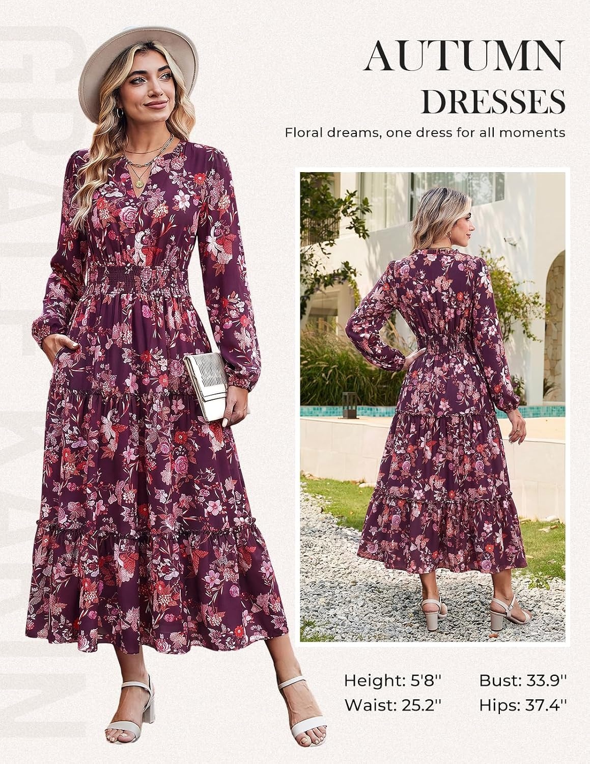 image:imageGRACE KARIN Womens Floral Maxi Dress 2026 Fall Long Sleeve V Neck Empire Waist A Line Flowy Dress with PocketPurple Red Floral