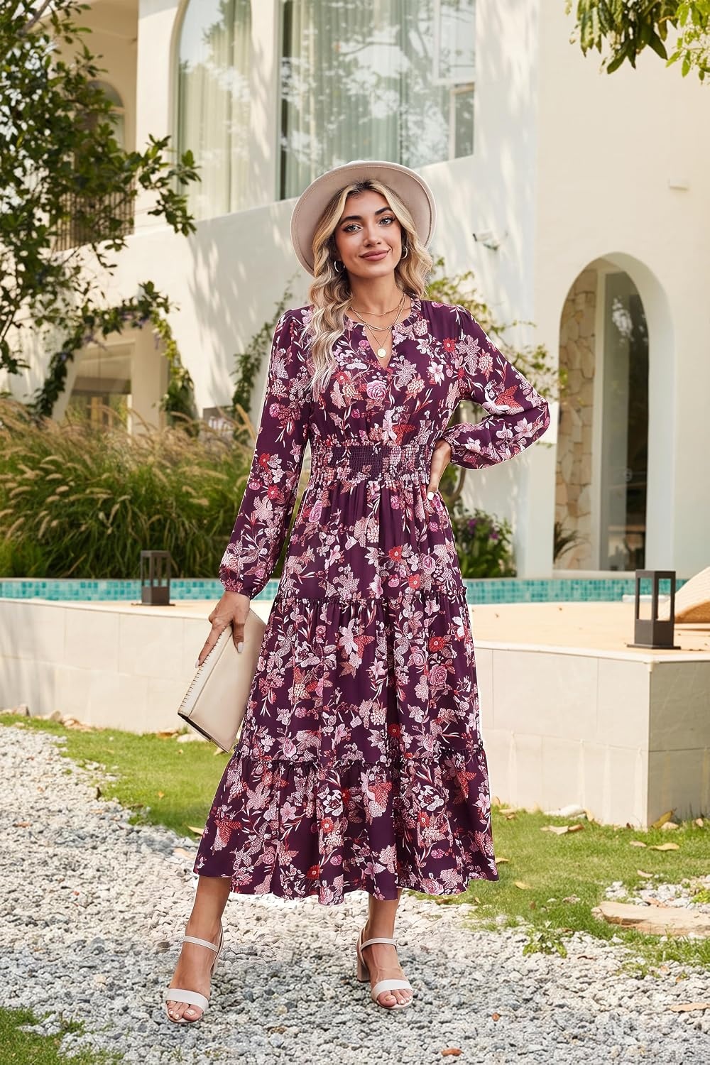 image:imageGRACE KARIN Womens Floral Maxi Dress 2026 Fall Long Sleeve V Neck Empire Waist A Line Flowy Dress with PocketPurple Red Floral