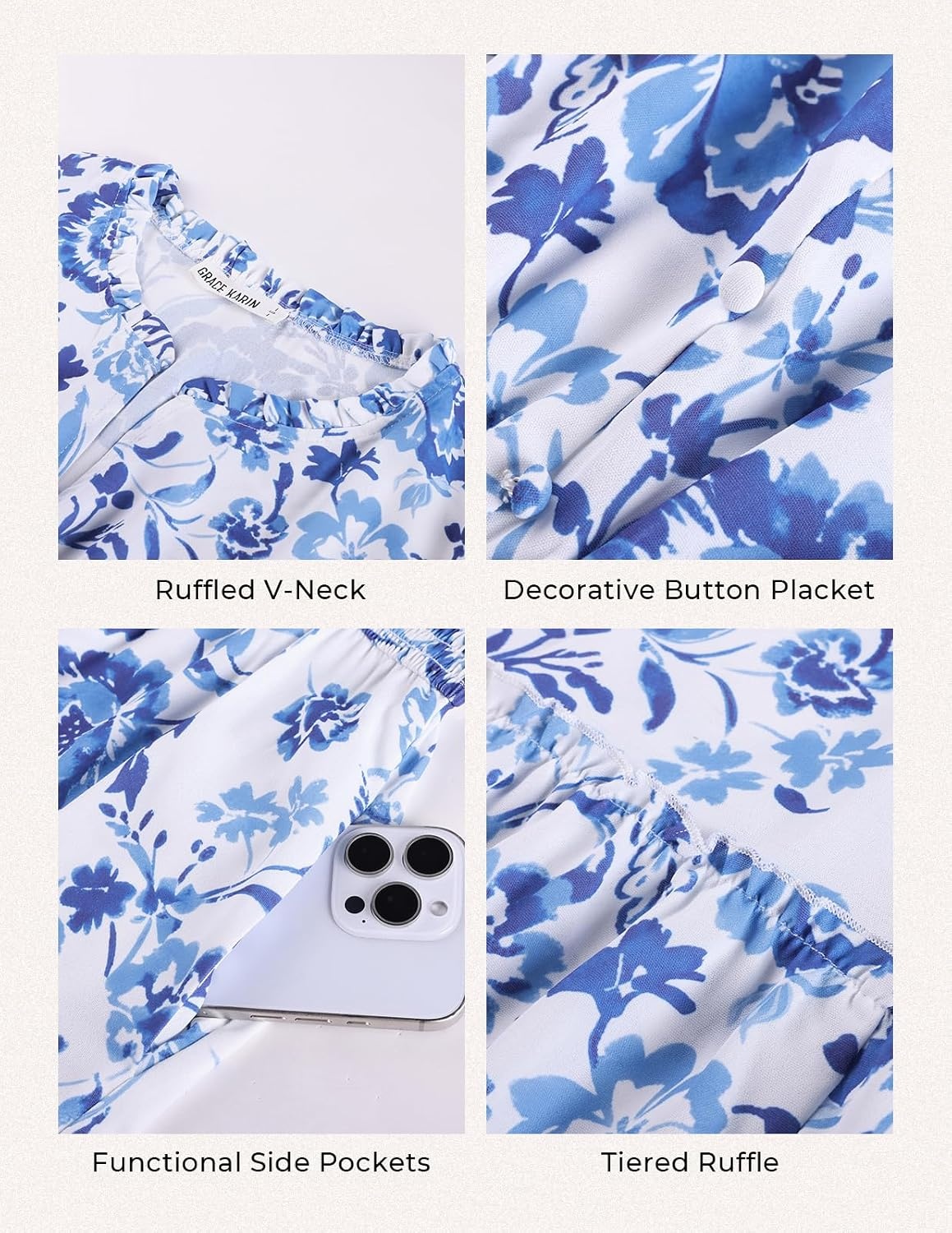 image:imageGRACE KARIN Womens Floral Maxi Dress 2026 Fall Long Sleeve V Neck Empire Waist A Line Flowy Dress with PocketWhite Blue