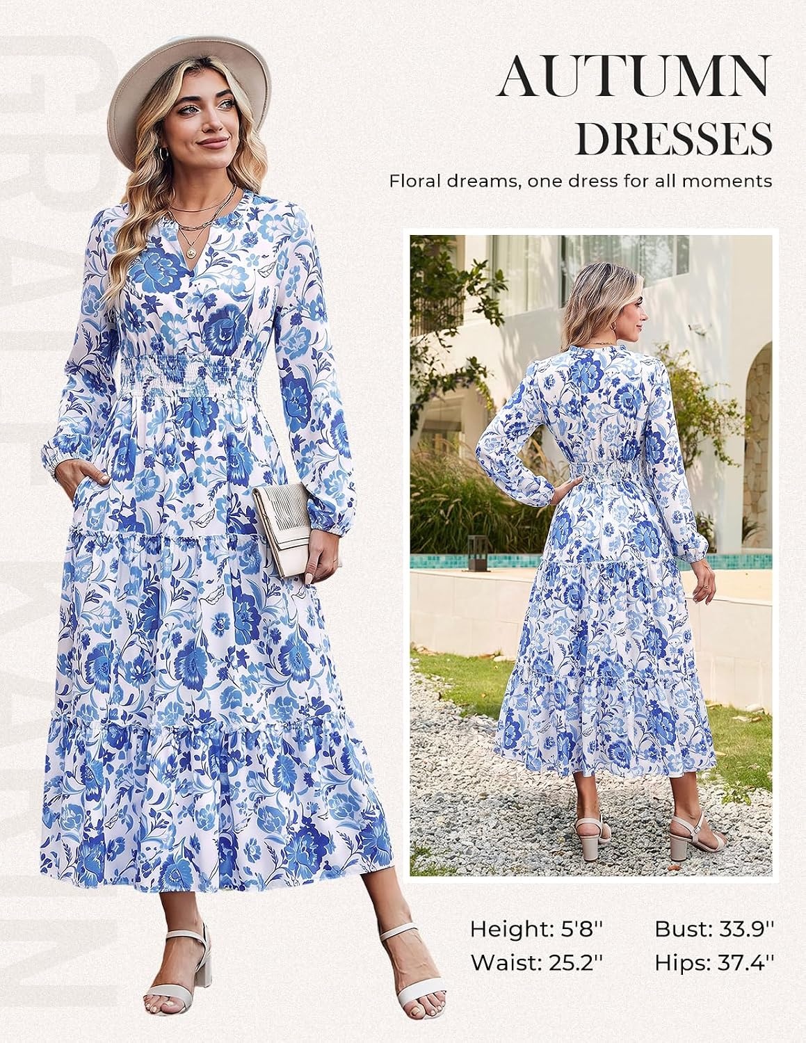image:imageGRACE KARIN Womens Floral Maxi Dress 2026 Fall Long Sleeve V Neck Empire Waist A Line Flowy Dress with PocketWhite Blue