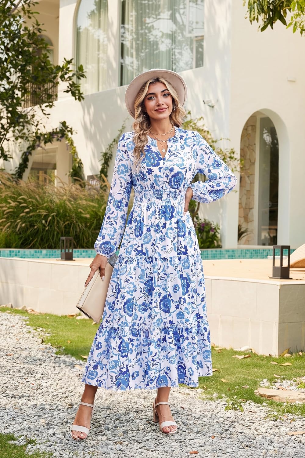 image:imageGRACE KARIN Womens Floral Maxi Dress 2026 Fall Long Sleeve V Neck Empire Waist A Line Flowy Dress with PocketWhite Blue