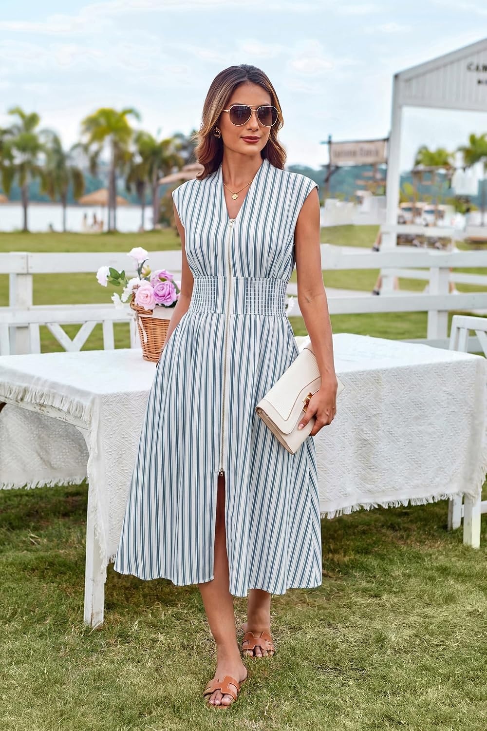 image:imageGRACE KARIN Womens Summer Casual Dress Business Office Work Dresses Cap Sleeve Zipper Front Flowy Midi Dress with PocketsWhite Blue Striped