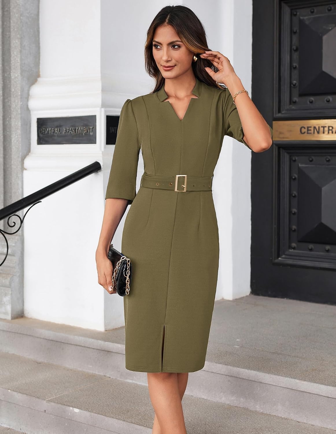 image:imageGRACE KARIN Womens Work Dress 34 Sleeve V Neck Bodycon Sheath Dress Zipper Up Office Business Dresses with BeltGrey Green