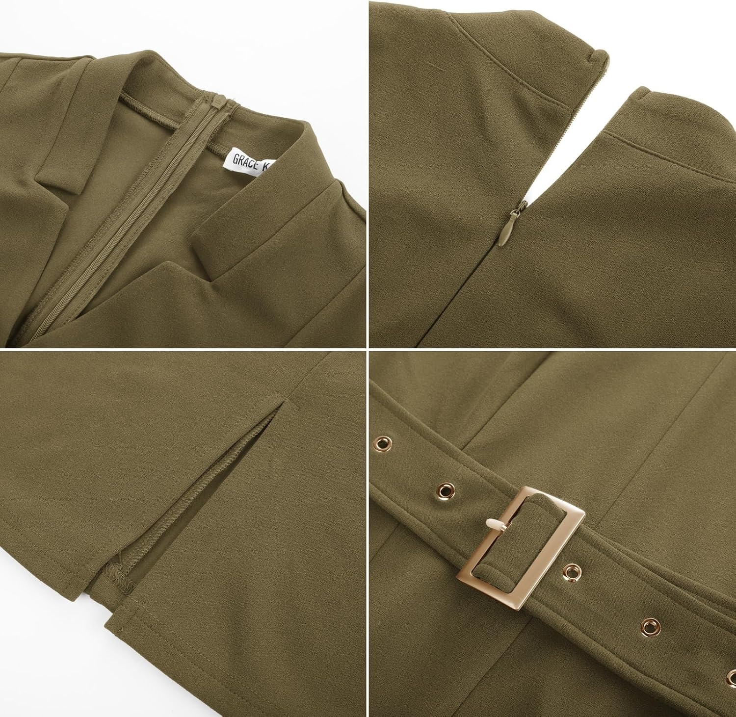 image:imageGRACE KARIN Womens Work Dress 34 Sleeve V Neck Bodycon Sheath Dress Zipper Up Office Business Dresses with BeltGrey Green