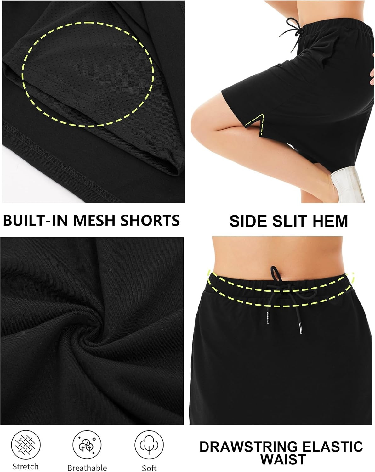 image:imageJACK SMITH Womens Stretchy Knee Length Skirts Athletic Skorts for Woman Drawstring Waist with Mesh Shorts PocketsBlack