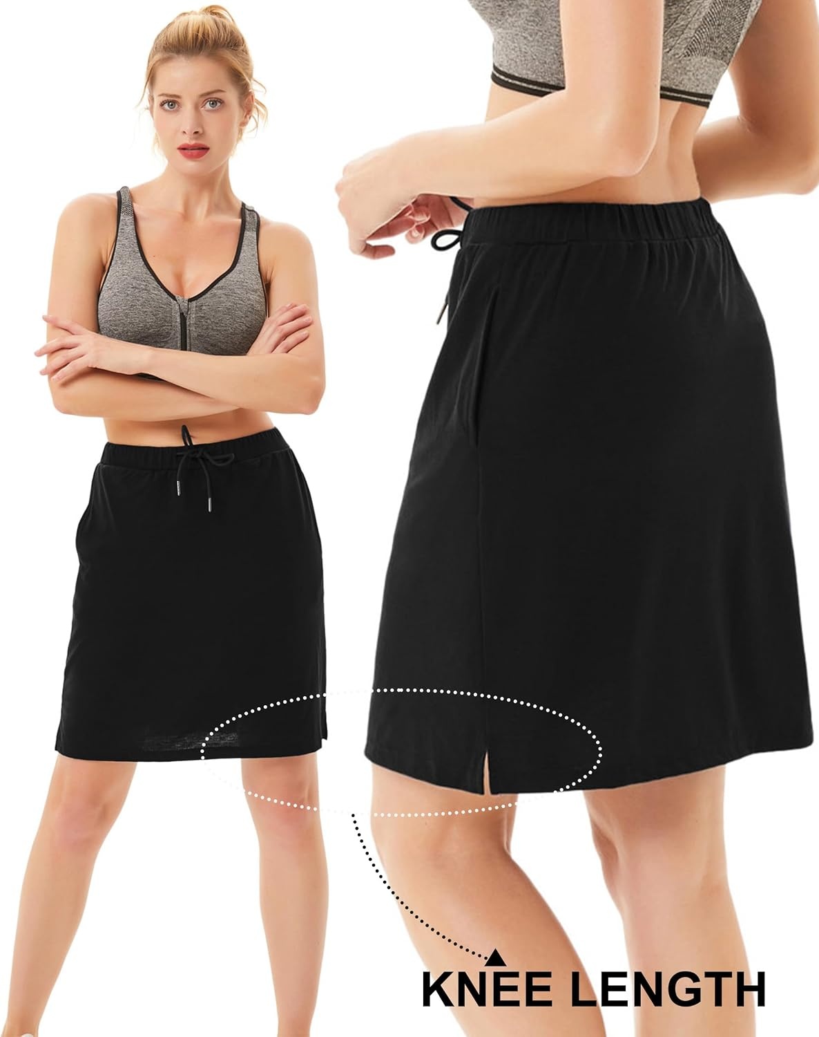 image:imageJACK SMITH Womens Stretchy Knee Length Skirts Athletic Skorts for Woman Drawstring Waist with Mesh Shorts PocketsBlack