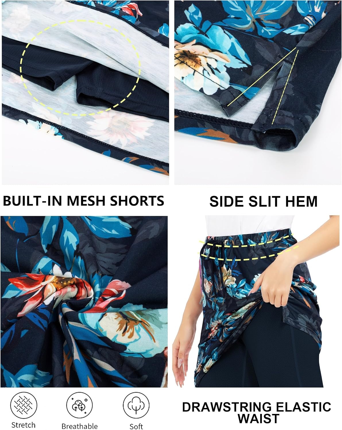 image:imageJACK SMITH Womens Stretchy Knee Length Skirts Athletic Skorts for Woman Drawstring Waist with Mesh Shorts PocketsBlue Floral Prints